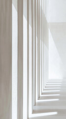 Parallel white columns cast shadows on a light surface, creating a minimalist, architectural design image showcasing light and shadow interplay, ideal for backgrounds or presentations