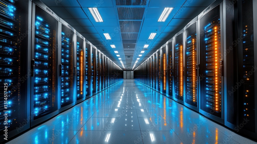 Poster modern data center: a stunning view of server racks and network infrastructure