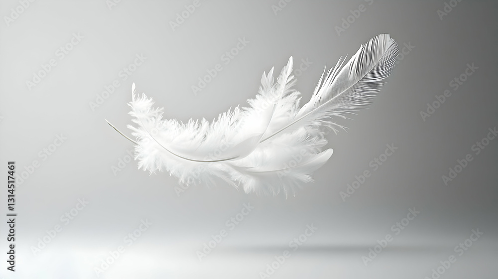 Poster a single white feather with delicate gray markings floats gently against a soft gray gradient backdr