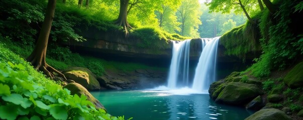 Serene waterfall hidden in lush green forest, tranquil nature scene, serene, lush, Kanchanaburi