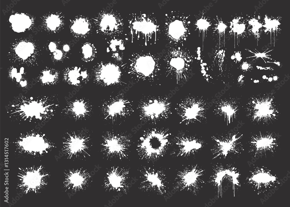 Poster Collection of white paint splatters displays diverse textures and patterns on a black background, ideal for enhancing graphic design and artistic projects.