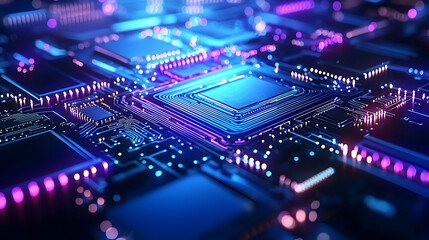Close-Up Of A Circuit Board With Glowing Microchips And Electronic Components In Blue Purple And Pink Neon Light