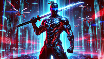 Neon Futuristic Samurai Warrior – Cyberpunk Style Illustration at blue abstract background