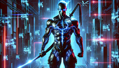 Neon Futuristic Samurai Warrior – Cyberpunk Style Illustration at blue abstract background