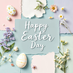 Fototapeta premium Happy Easter Day square design with torn paper pastel eggs and flowers