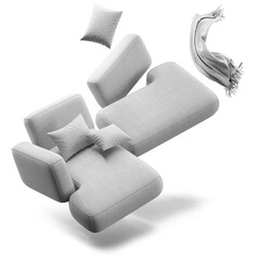 Contemporary modular flying couch on isolated background with shadow.