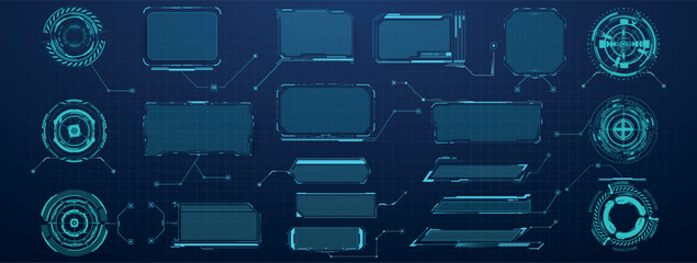 This vector illustration features an array of futuristic digital interface elements, including frames, graphs, and holographic displays. Ideal for technology and gaming projects.