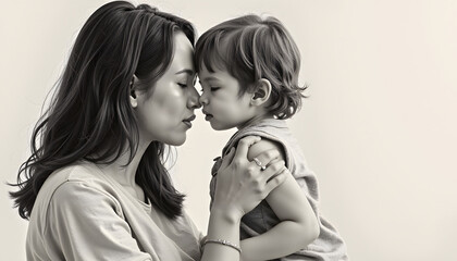 Fototapeta premium Tender Mother's Day moment, mother kissing child's forehead, charcoal and graphite art, emotional connection, warm atmosphere, copy space 