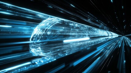 Futuristic three-dimensional high-speed train with sleek aerodynamic design, symbolizing modern transportation, innovation, and advanced railway technology. Dynamic motion and speed concept