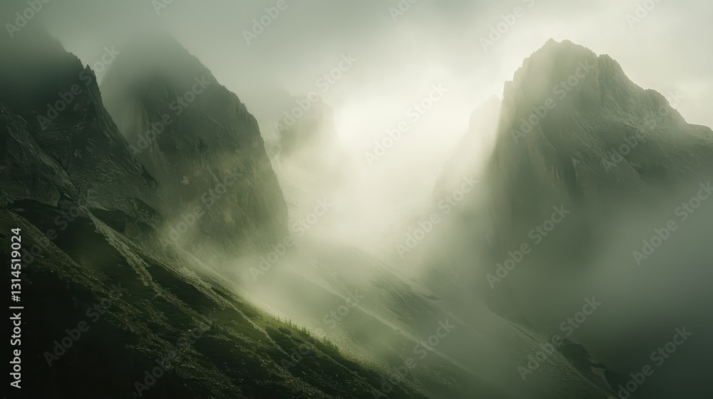 Poster mysterious mountain landscape with fog and soft light reflection