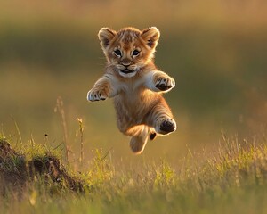 Obraz premium Adorable lion cub leaping in grassy savanna. Possible use Children's book illustration