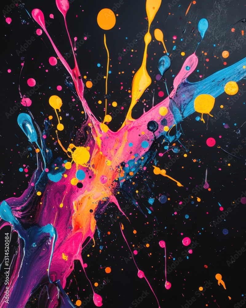Poster vibrant explosion of colorful paint splatters on a dark canvas creating a dynamic abstract art piece