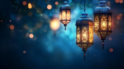 Obraz premium Intricate metal lanterns casting a warm glow with a lit candle inside, creating a serene and spiritual atmosphere 