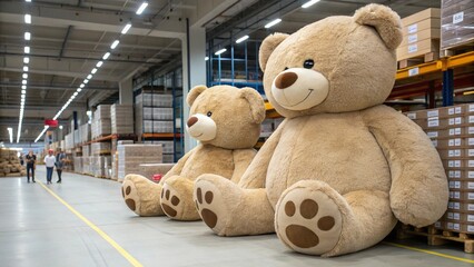 Row of giant teddy bears in a warehouse, showcasing bulk toy manufacturing and storage