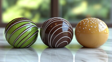 Colorful Chocolate Truffles Arranged on a Marble Surface With a Blurred Outdoor Background