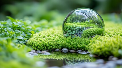 Crystal Sphere Reflects Lush Garden Greenery During a Peaceful Afternoon
