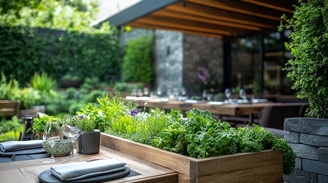 Outdoor Dining Experience Featuring Fresh Herbs and Plants in a Serene Garden Setting With Elegant Table Arrangements and Soft Lighting - Powered by Adobe