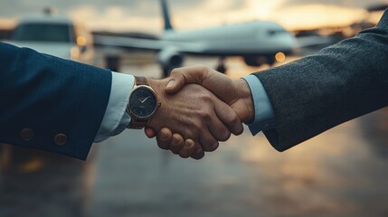 4. **A driver and a traveler shaking hands near a parked vehicle outside the airport**, with airplanes visible in the background, marking the start of a comfortable journey 