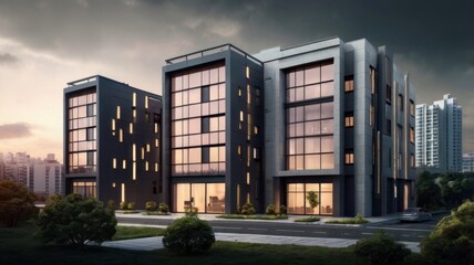 Modern Glass and Concrete Building at Dusk in a City Setting