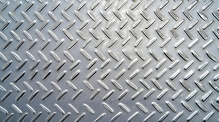 Close Up Full Frame View of Diamond Plate Metal Texture in Metallic Silver Gray Showing Industrial Strength and Non-Slip Safety Design