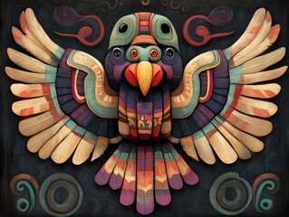 Colorful Wooden Sculpture of a Bird in a Traditional Style, Showcasing Intricate Patterns and Vibrant Colors, Prominently Displayed Against a Dark Background