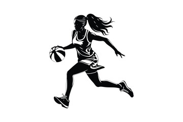 Female Basketball Player Silhouette Dribbling Ball Vector Illustration 