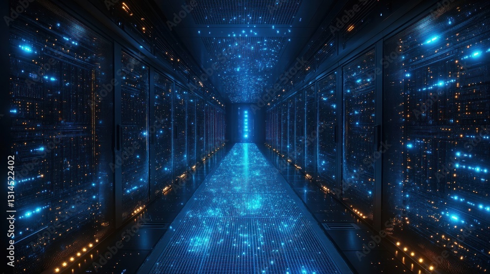 Poster digital data center: a futuristic server room with glowing lights and intricate network infrastructu