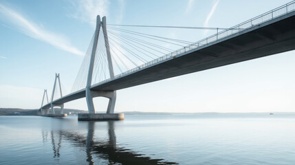 Fototapeta premium modern cable stayed bridge spans calm body of water, reflecting serene sky
