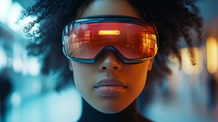 Futuristic Woman Wearing Reflective Goggles in a Modern Urban Setting During Daytime
