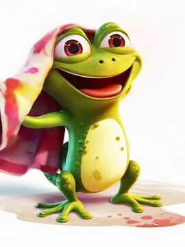A cheerful animated frog wrapped in a patterned towel playfully stands against a bright backdrop, embodying a sense of fun and joy