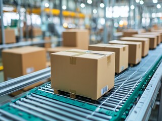Shipping Process in a Busy Warehouse With Packages Moving Along a Conveyor Belt During the Day
