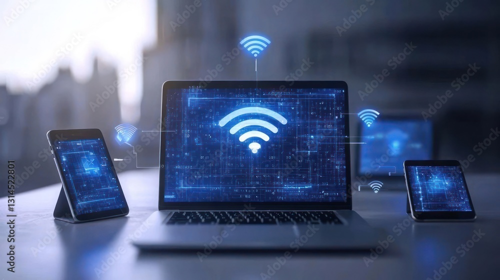 Poster laptop smartphone and tablet displaying wifi signal on white desk with blue digital interface