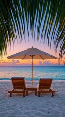 Relaxing serenity empty loungers on a tranquil sunset beach