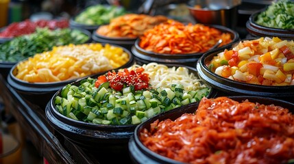 Obraz premium Colorful Assortment of Freshly Prepared Vegetables at a Vibrant Market Stall Showcasing Local Ingredients in an Outdoor Setting