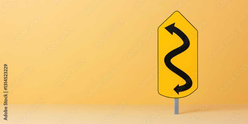 Poster traffic sign, warning sign featuring a zigzag arrow indicating a dangerous curve ahead.