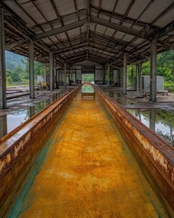 Fototapeta premium Abandoned industrial structure with rusted metal and water reflection creating a symmetrical perspective and moody atmosphere in a lush green environment