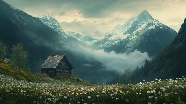A charming wooden cottage rests in a valley adorned with flowers, set against the dramatic backdrop of snow-capped mountains in Stalheim, Norway, enveloped in mist for a vintage ambiance