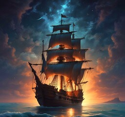 Fototapeta premium Illustration of medieval ship in ocean.