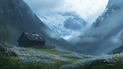 A charming wooden cottage rests in a valley adorned with flowers, set against the dramatic backdrop of snow-capped mountains in Stalheim, Norway, enveloped in mist for a vintage ambiance