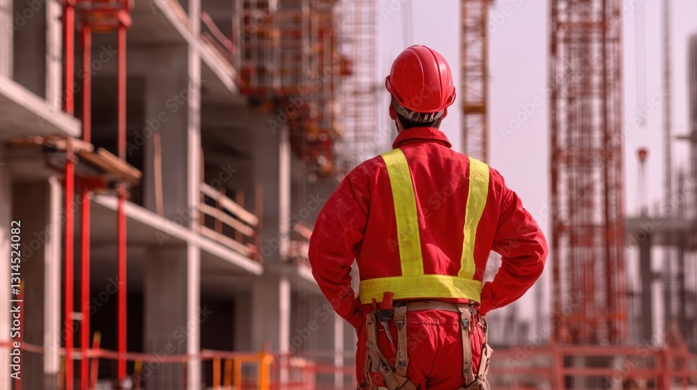 Poster advanced construction site with robotic scaffolding systems