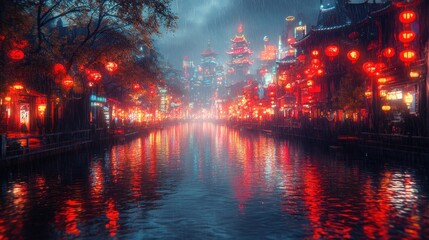 Fototapeta premium Rainy Night in a Chinese City: Reflections on Water