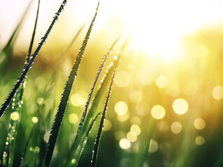 Obraz premium Close-up of fresh green grass covered in morning dew, illuminated by golden sunlight