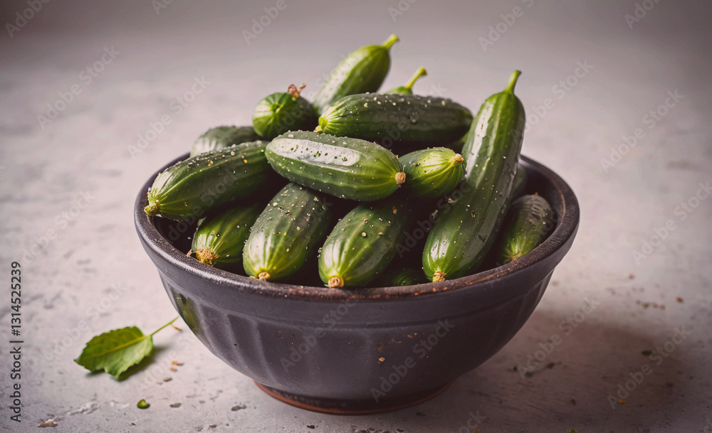 Poster Bowl of cucumbers is sitting on a counter. The cucumbers are green and have a few spots on them