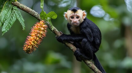 Naklejka premium Curious monkey sitting on a branch in the lush jungle environment