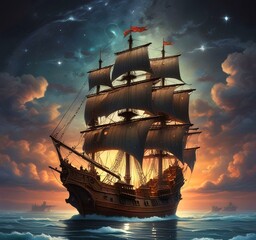 Fototapeta premium Illustration of medieval ship in ocean.