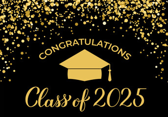 Class of 2025 banner. Gold confetti graduation party or prom decorations. Congratulations to graduates typography poster.  Vector illustration. © Vera