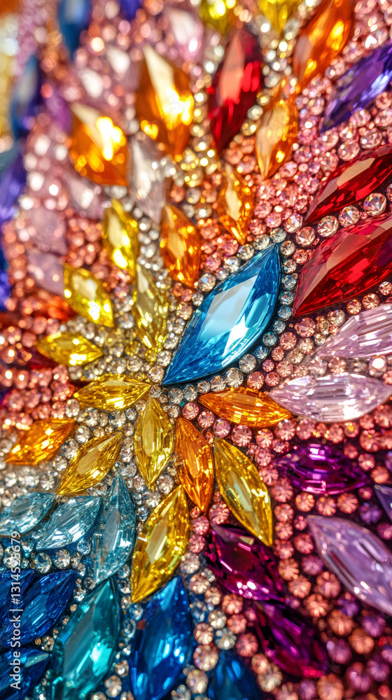 Poster vibrant crystals forming intricate mosaic pattern, glittering with prismatic colors under bright ill