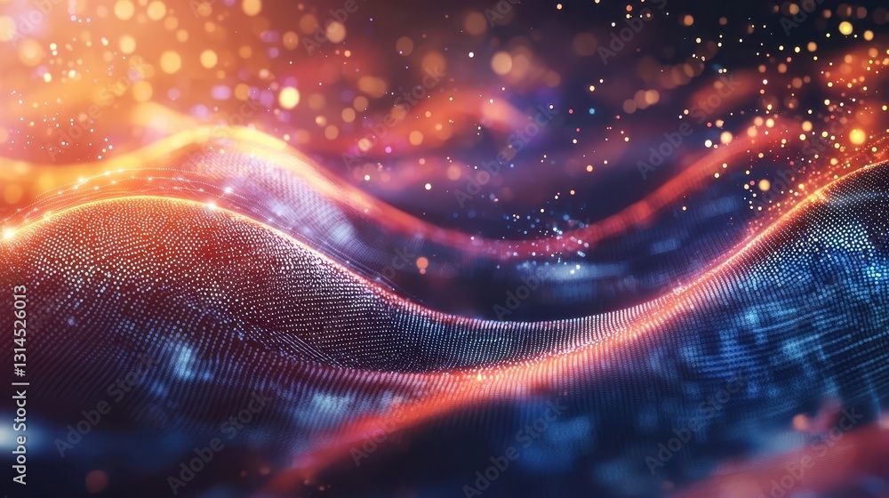 Poster abstract colorful waves with sparkling particles and bokeh effect