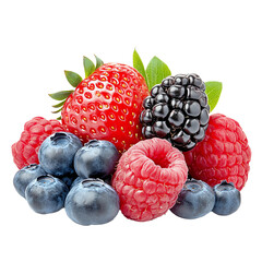 Assorted fresh berries stacked together isolated on white background.