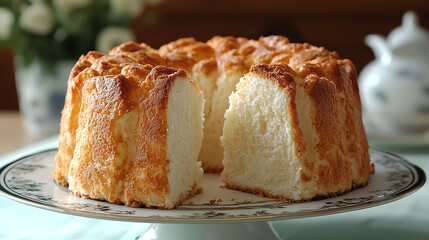 Deliciously fluffy angel food cake displayed on an elegant plate, inviting to taste.